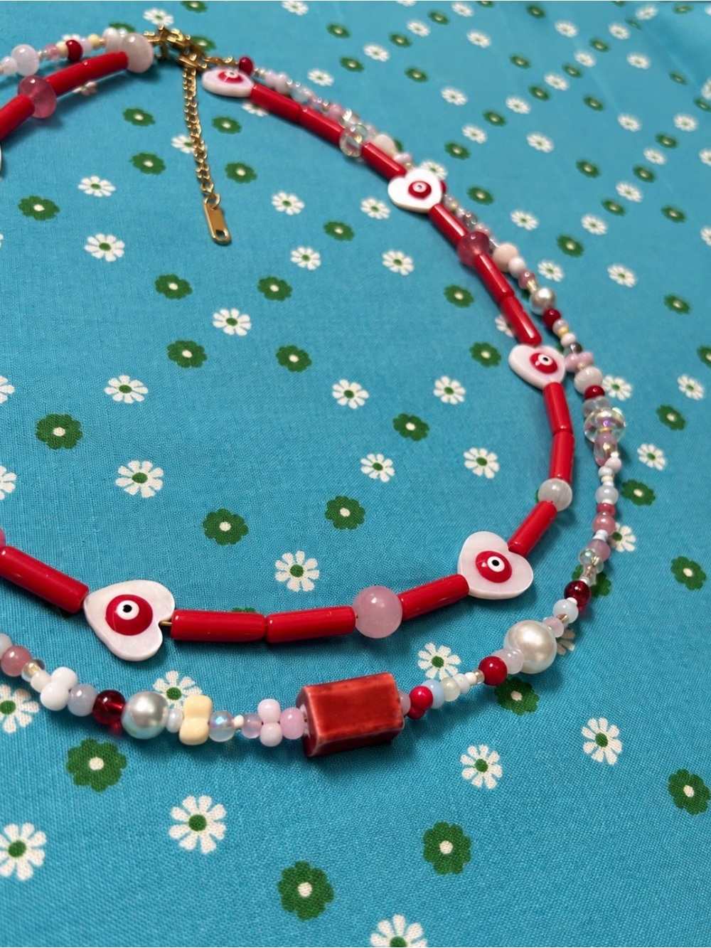 Handmade Double Strand Red Beaded Layered Evil Eye Heart Necklace - Picture 4 of 4